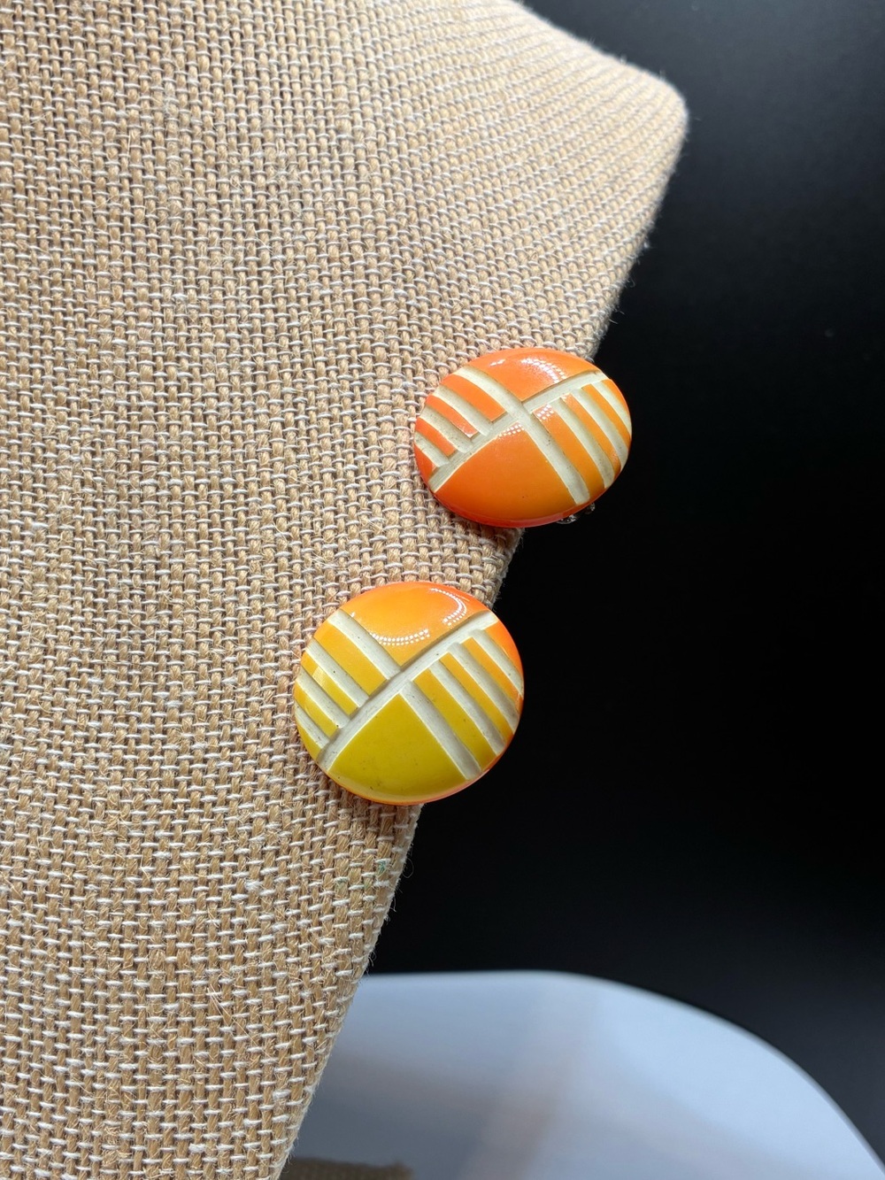 Vintage Geometric Orange & Yellow Button Clip-On Earrings Orange & Yellow